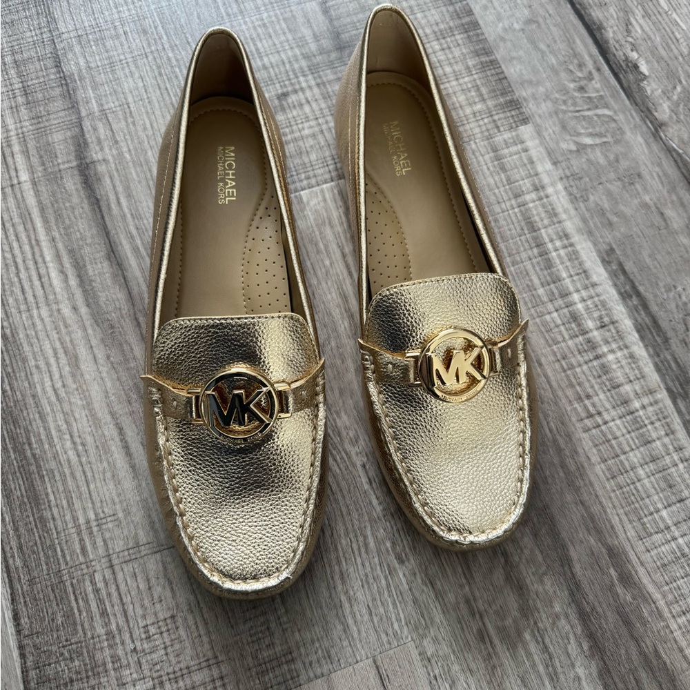 Michael Kors Metallic Gold Leather MK Logo Loafers